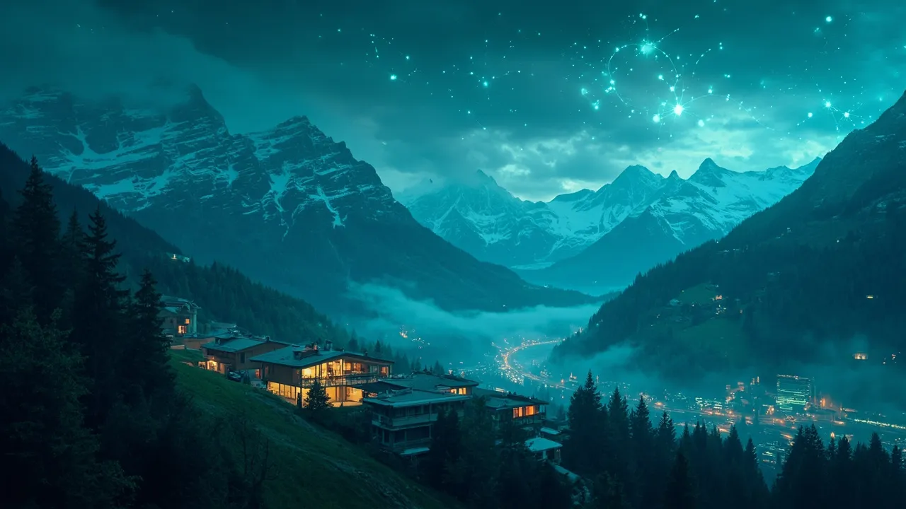 Symbolbild: ein Schweizer Bergdorf mit einem modernen Co-Working-Space im Vordergrund, weiches Alpenlicht.