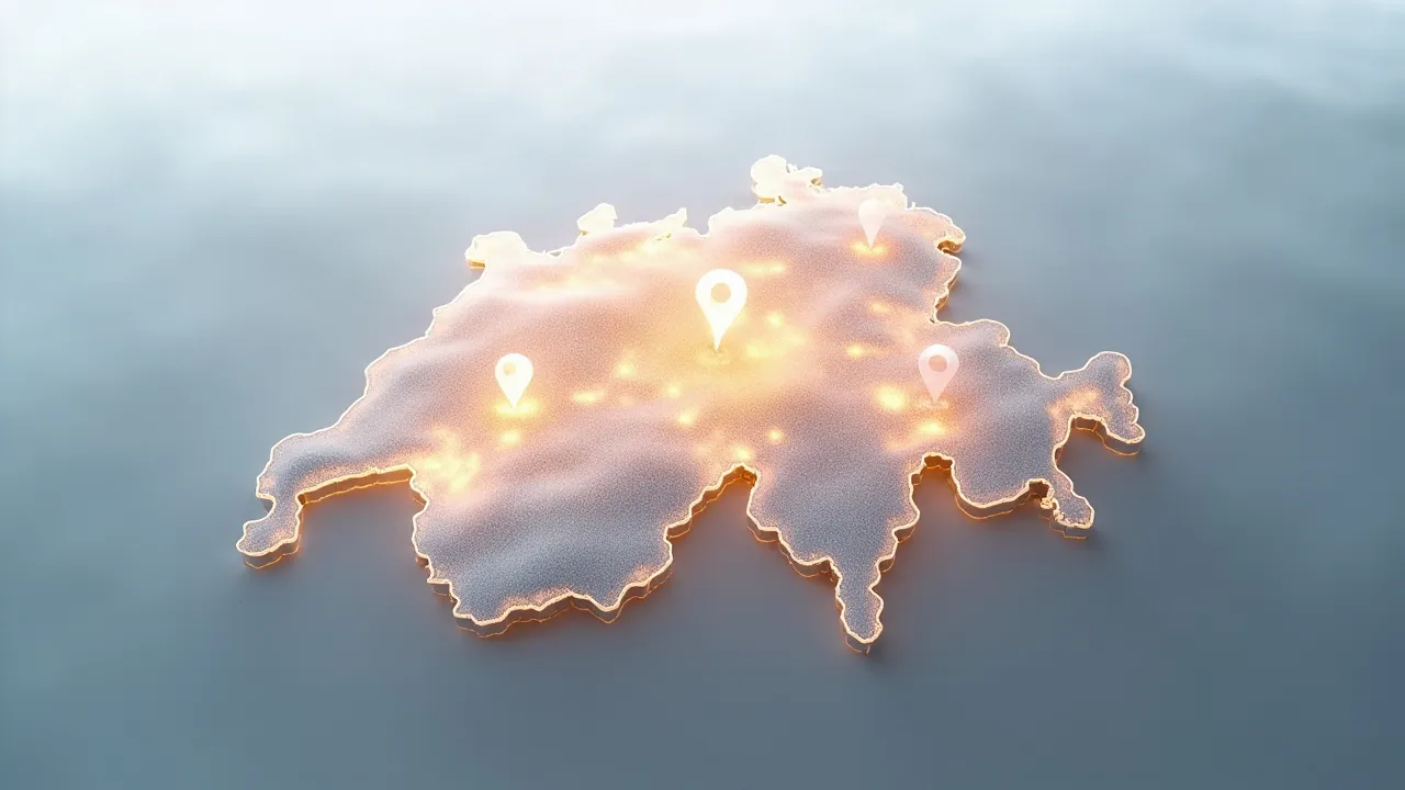 Symbolbild: eine Schweizer Landschaft mit Bergen, Seen und digitalen Standort-Markern