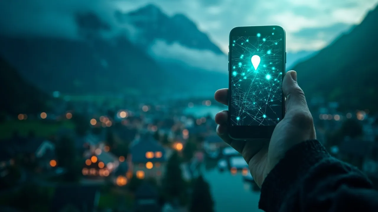 Symbolbild: ein Schweizer Dorf mit Smartphone, das eine Karte mit Standort-Pins anzeigt, weiches Tageslicht.